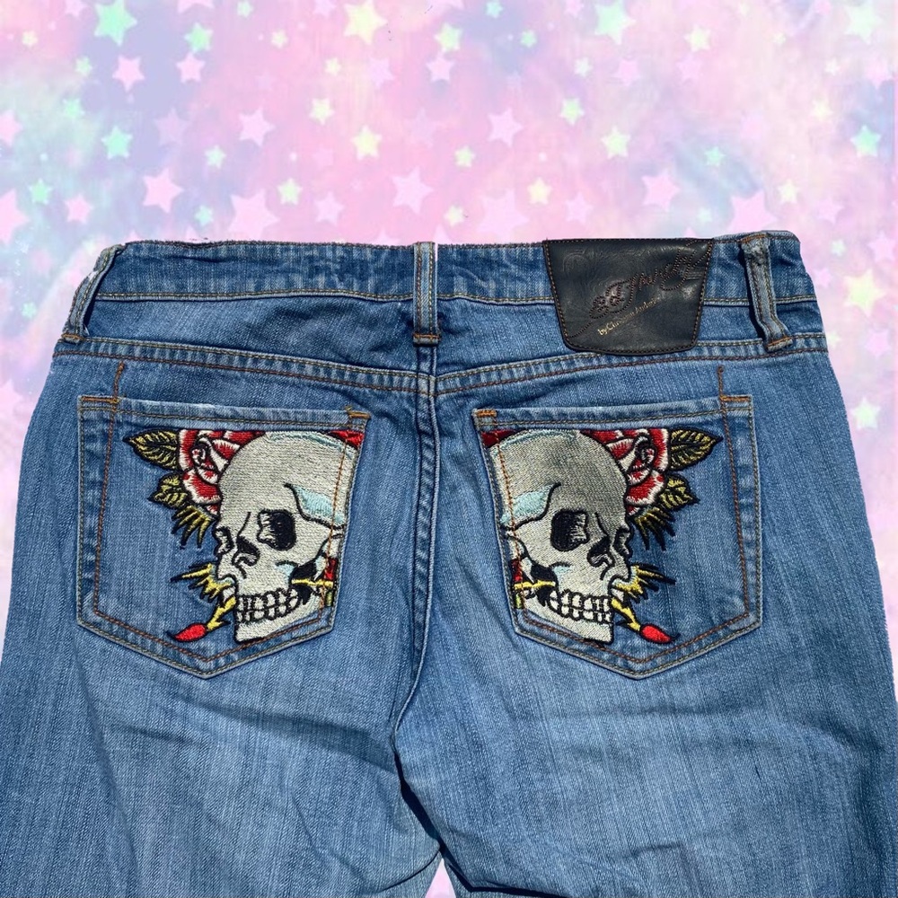 Stunning RARE vintage 90s Ed hardy low rise jeans woman’s 28 skull embroidery